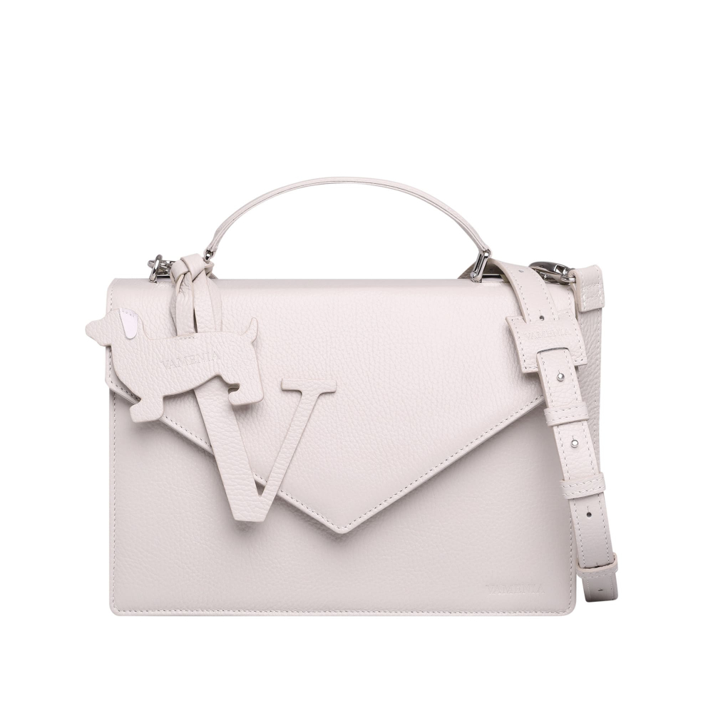 Handle Bag with shoulder strap made of calfskin light creme